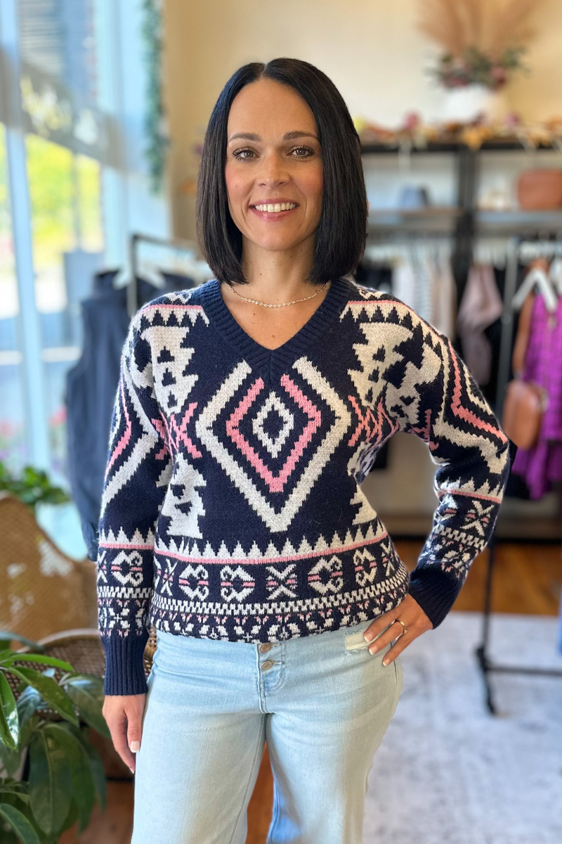 Aztec Pattern Sweater Navy Willow and Bright