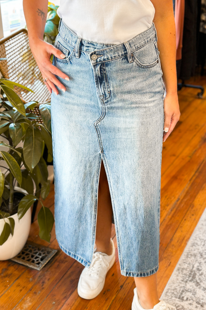 Gracie Crossover Denim Maxi Skirt with Front Slit