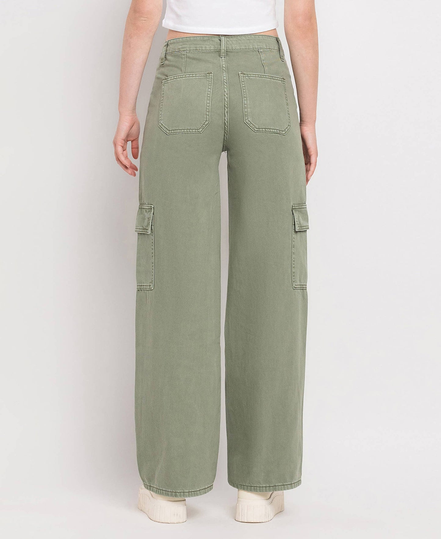 High Rise Cargo Wide Leg Jean in Army Green by Vervet: Flying Monkey