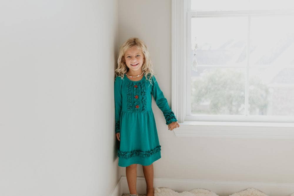 Liberty Ruffle Button Dress in Green - youth size