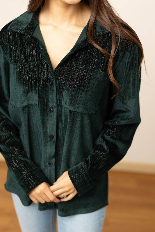 Kathryn Classic Button-Up in Green Velvet