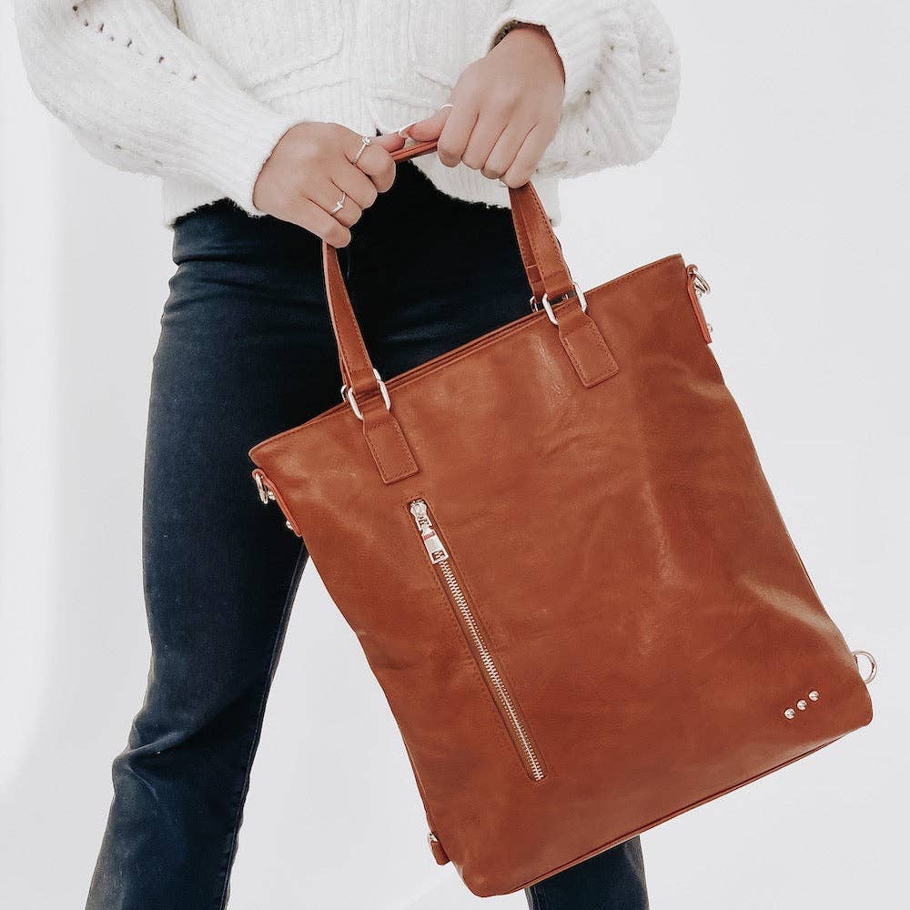 Upper East Side Vegan Leather Backpack & Crossbody Tote Bag: Brown