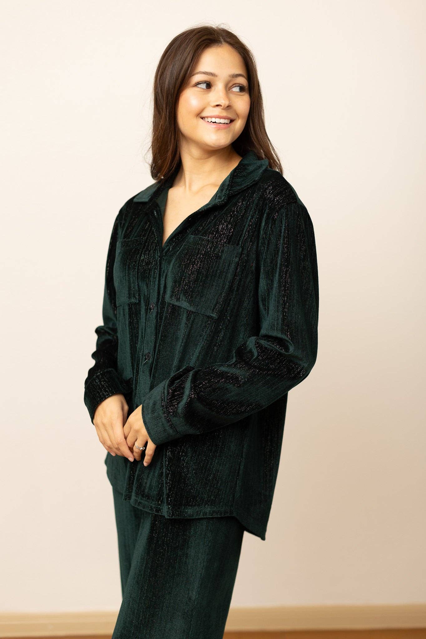 Kathryn Classic Button-Up in Green Velvet