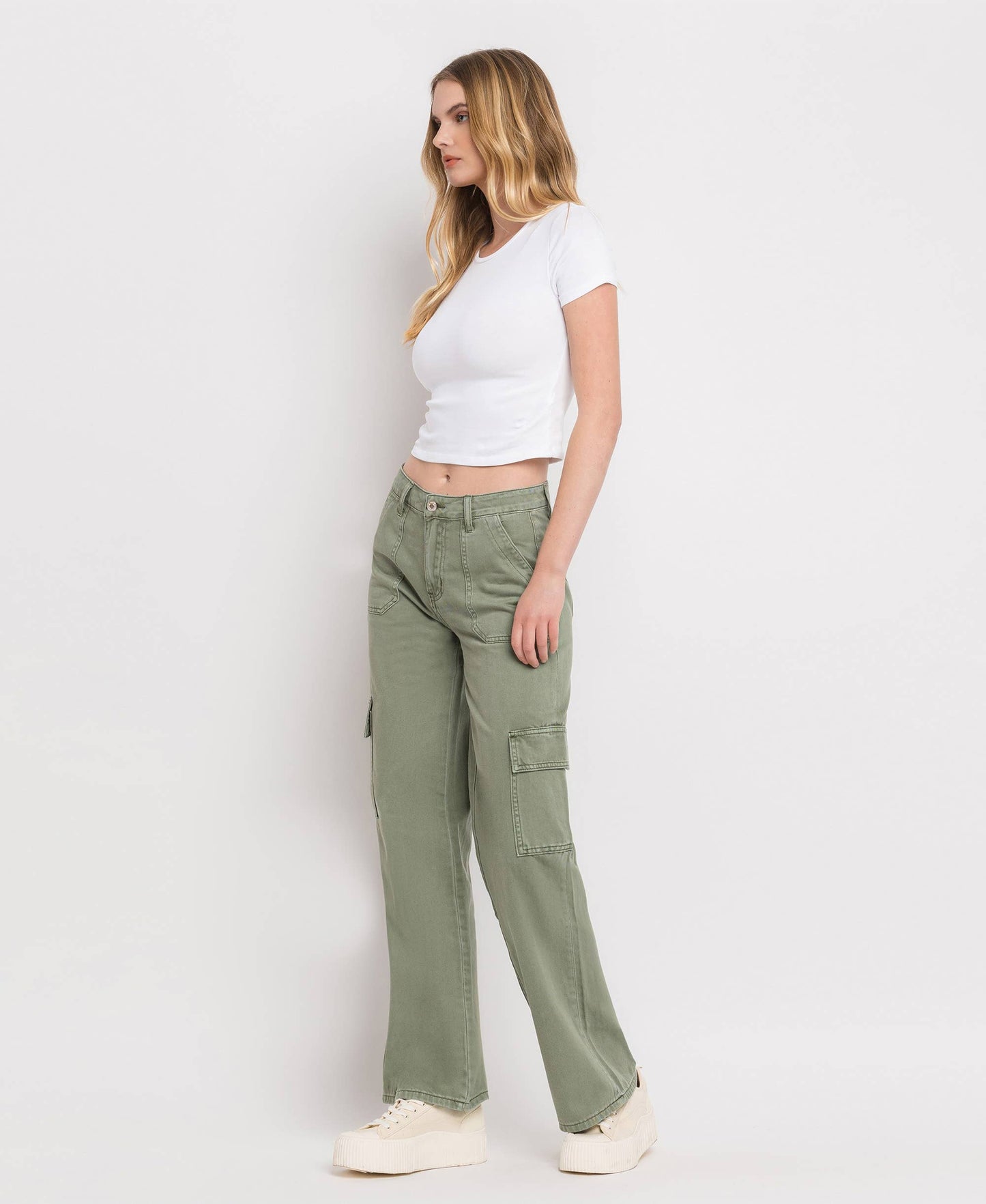 High Rise Cargo Wide Leg Jean in Army Green by Vervet: Flying Monkey