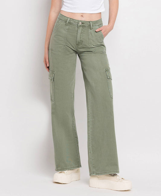 High Rise Cargo Wide Leg Army Green Jeans 