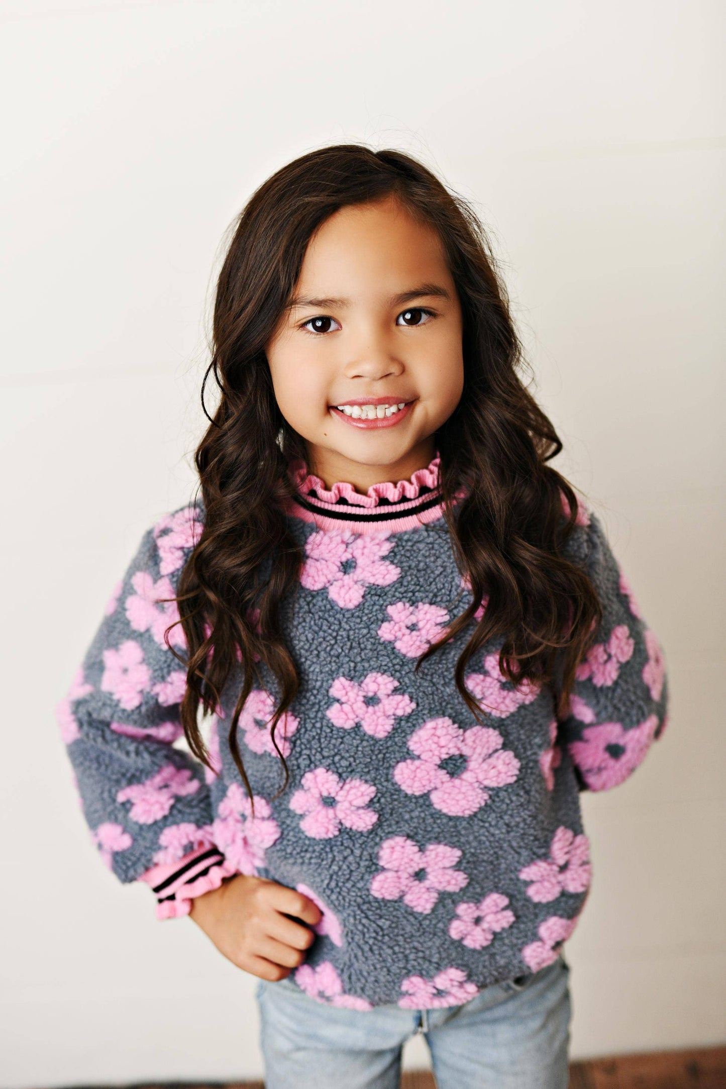 Pink Daisy Scalloped Neck Winter Sweater - youth size