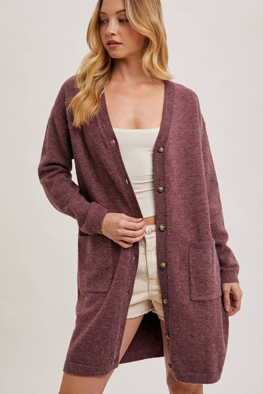 The Dora Long Cardigan in Maroon