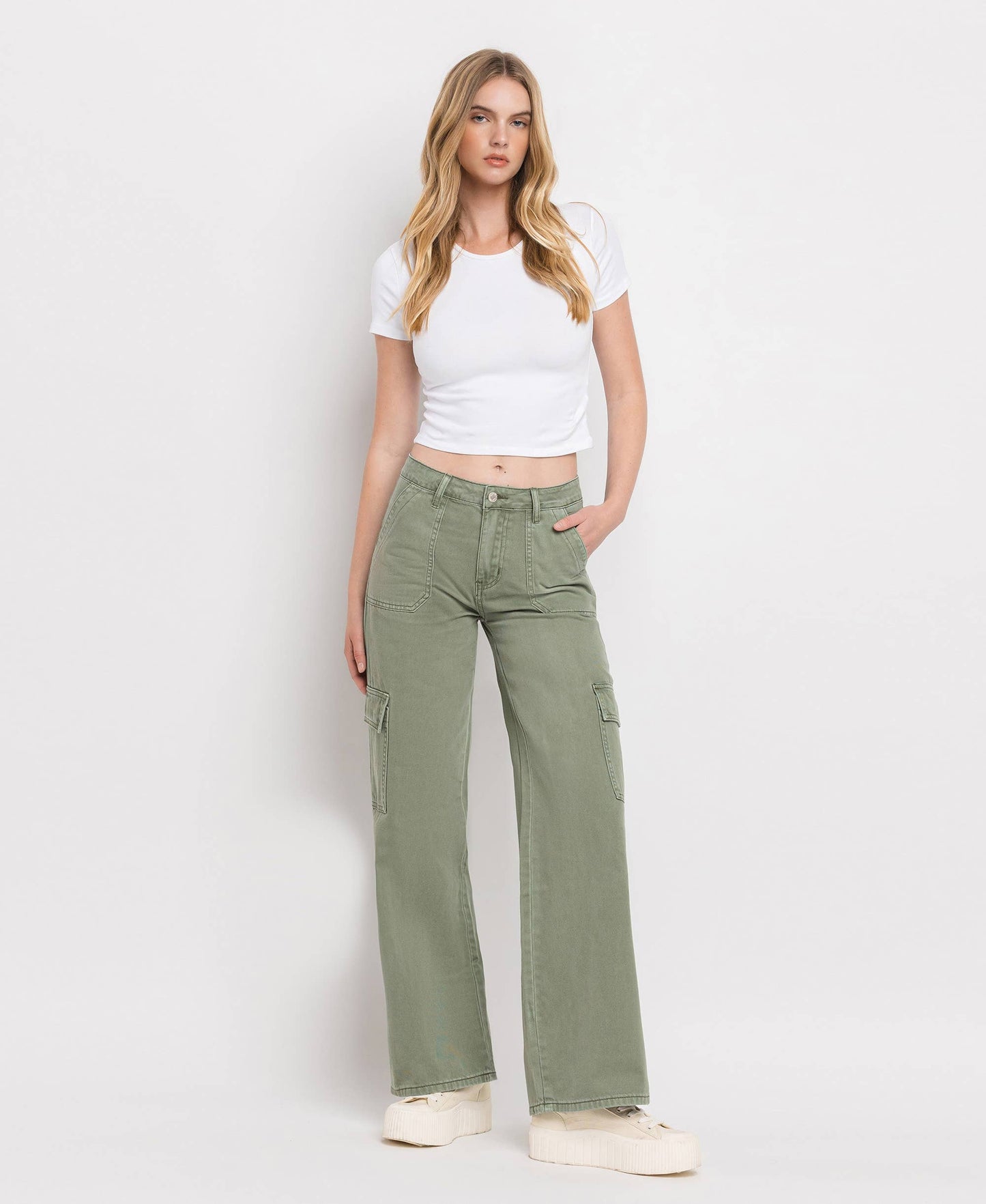 High Rise Cargo Wide Leg Jean in Army Green by Vervet: Flying Monkey