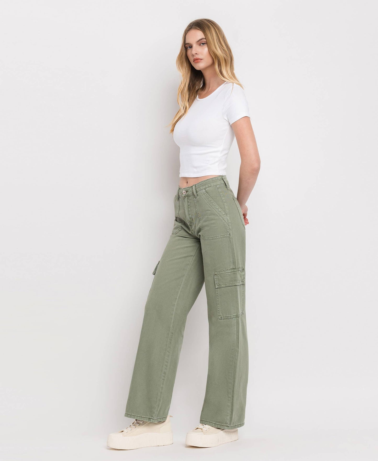 High Rise Cargo Wide Leg Jean in Army Green by Vervet: Flying Monkey