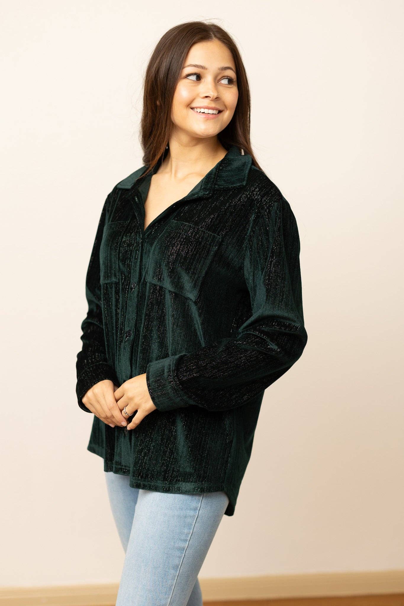 Kathryn Classic Button-Up in Green Velvet