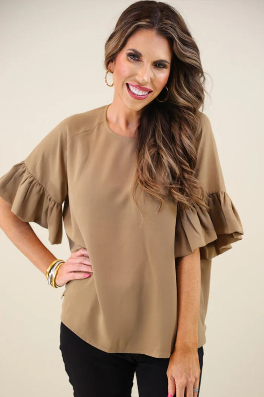 Rebecca Ruffle Sleeve Top in latte