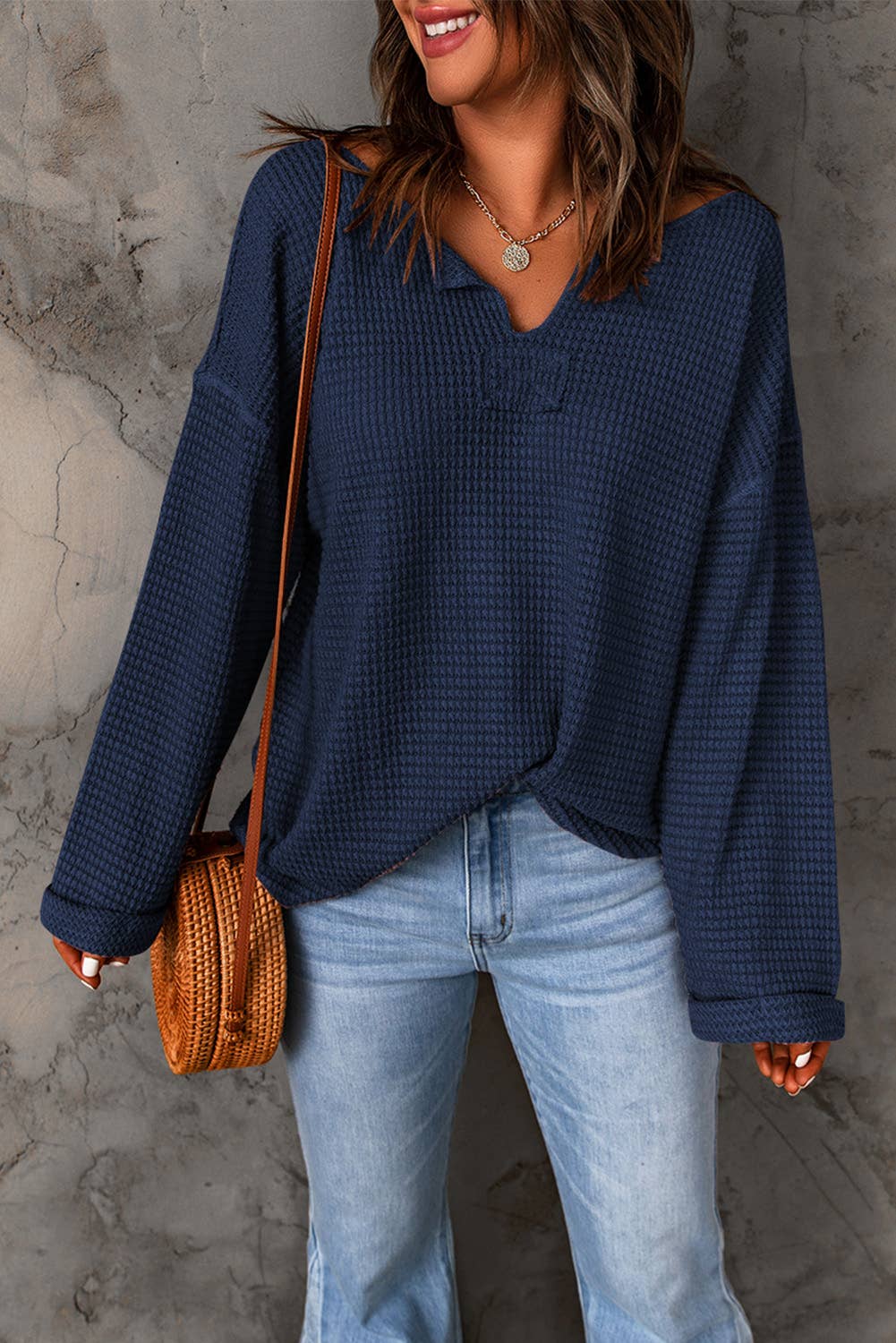 The Caroline Waffle Knit Loose Long Sleeve Top in Navy