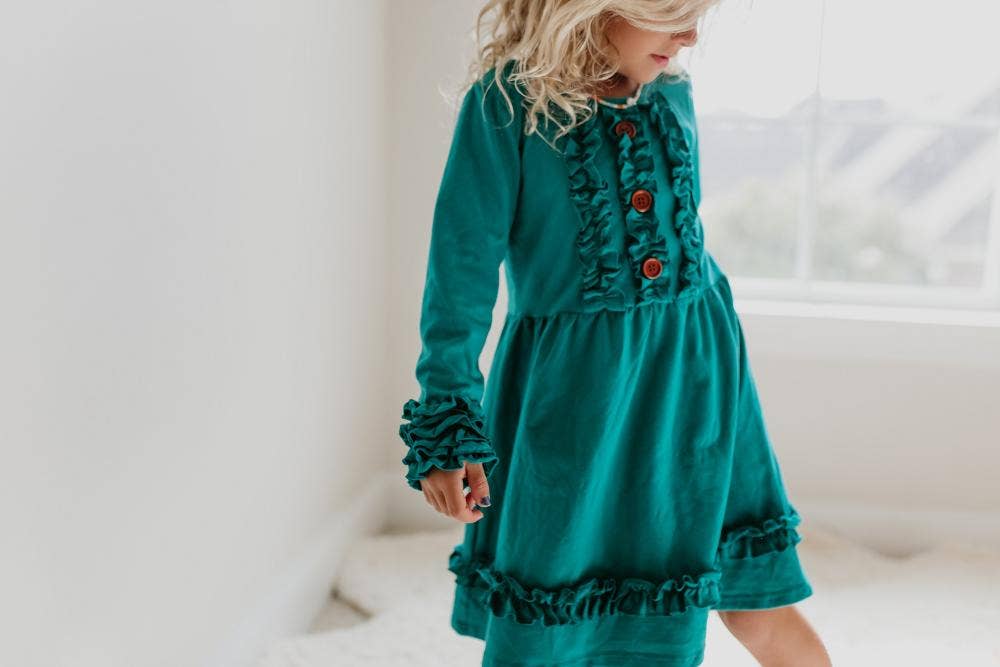 Liberty Ruffle Button Dress in Green - youth size