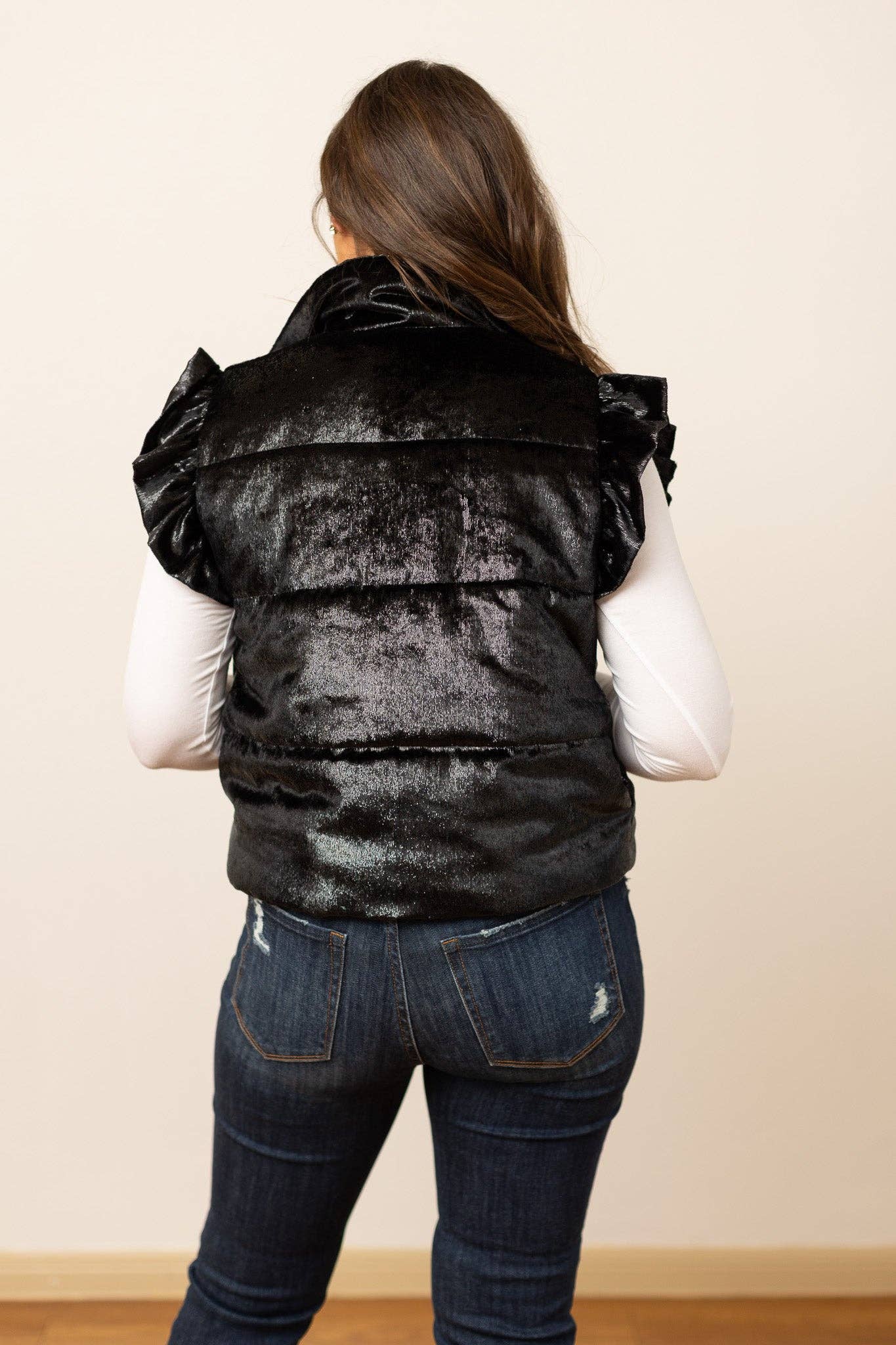 Black Shimmer Ruffle Sleeve Puffer Vest in Black