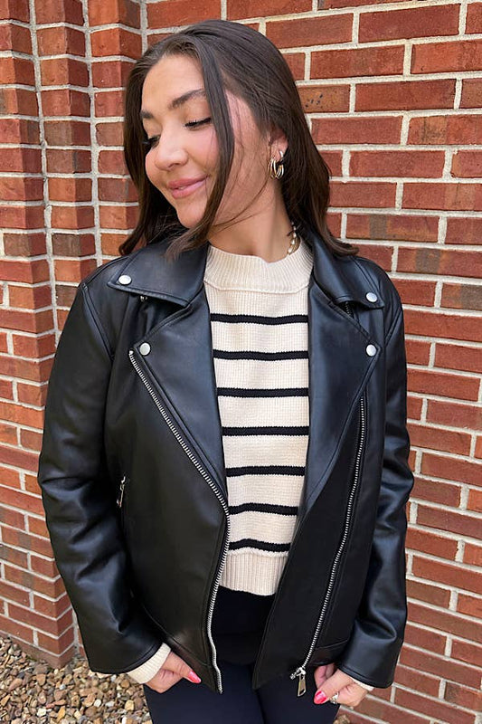 Motto Style Vegan Leather Jacket in Black