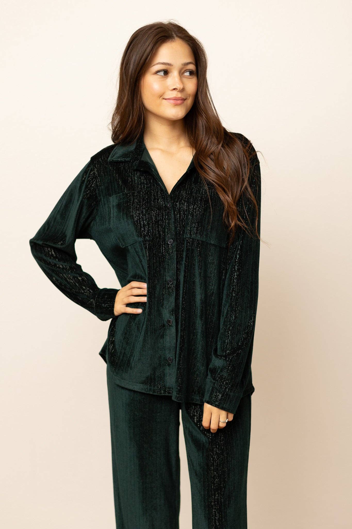 Kathryn Classic Button-Up in Green Velvet