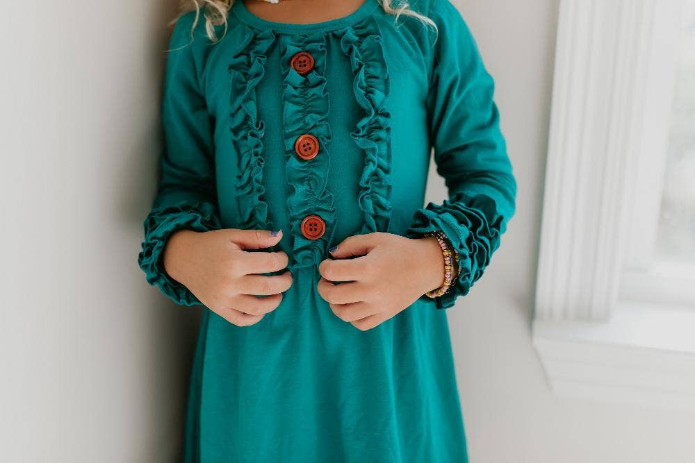 Liberty Ruffle Button Dress in Green - youth size